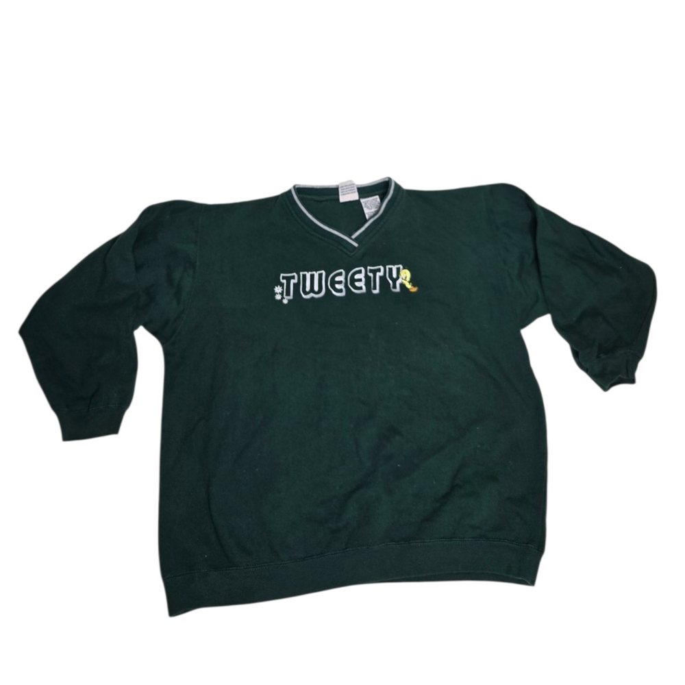 VINTAGE Y2K Looney Tunes forest green Tweety Bird v-neck sweatshirt sweater‎ XL